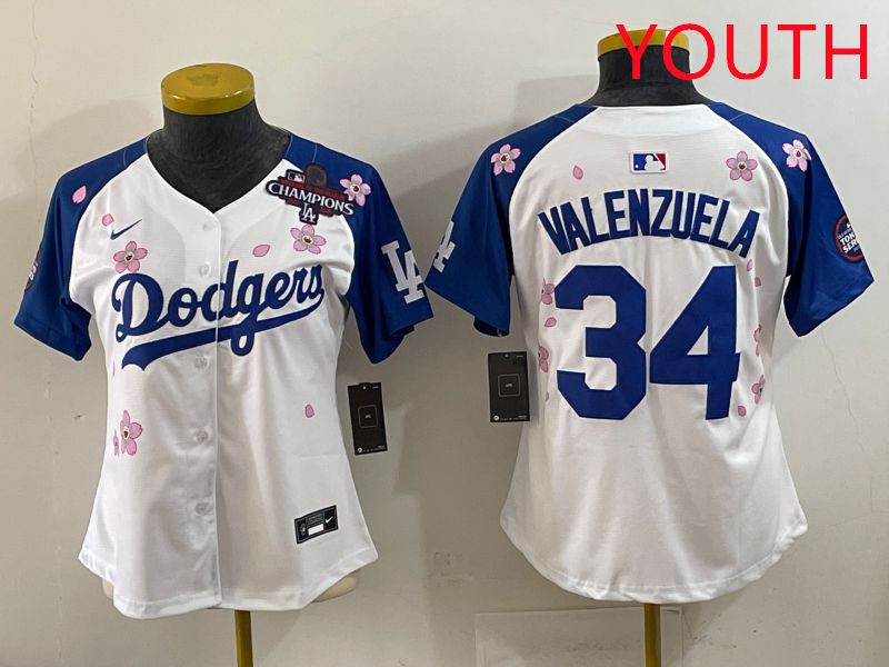 Youth Los Angeles Dodgers #34 Valenzuela White Blue Sakura Edition 2025 Nike MLB Jersey style 36